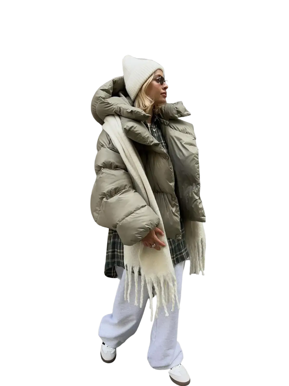 Women short hooded padded winter parka jacket in olive green with quilted design and cozy puffer material