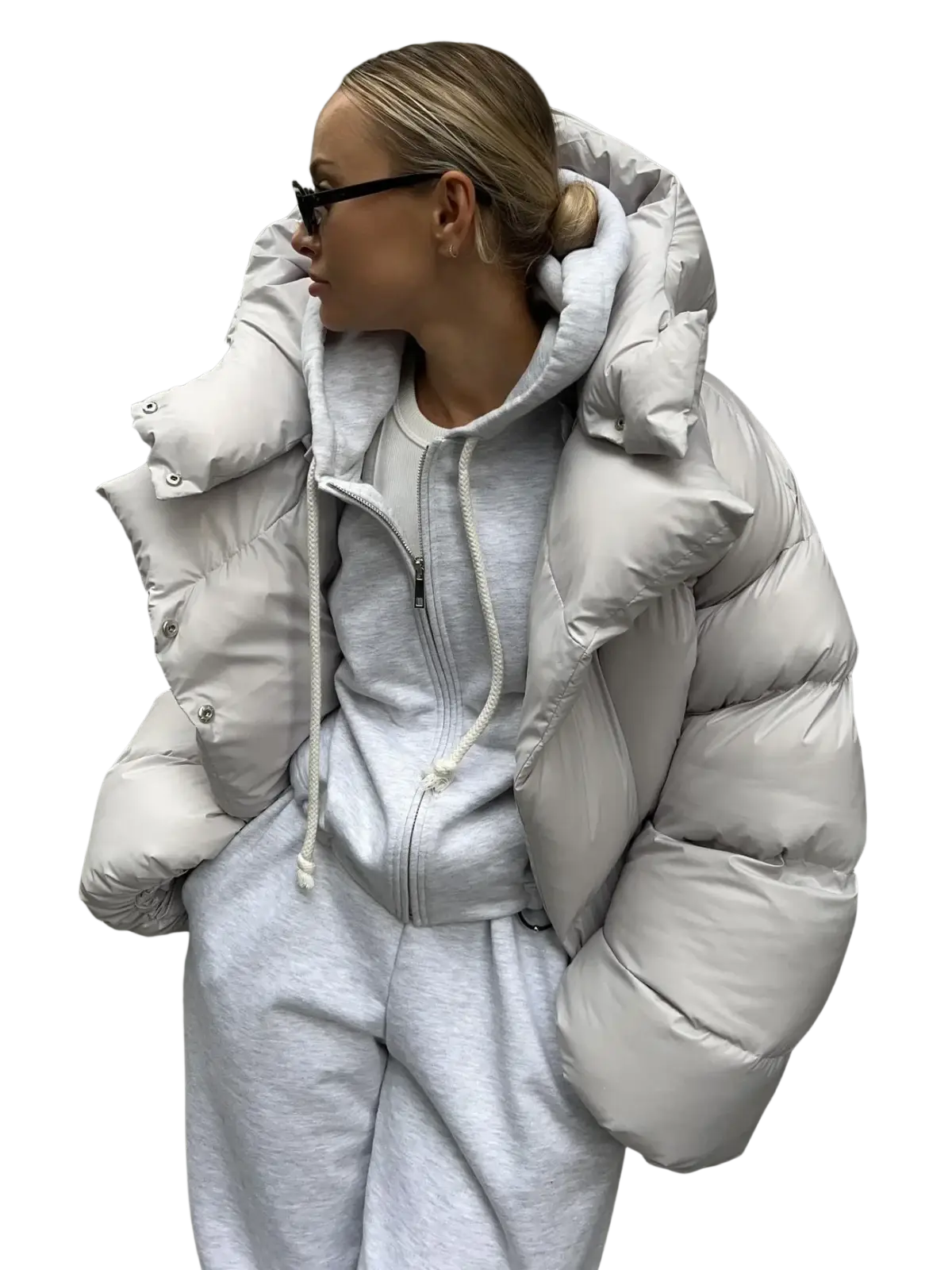 Women short hooded padded winter parka jacket in light gray down with quilted design and silver-toned buttons