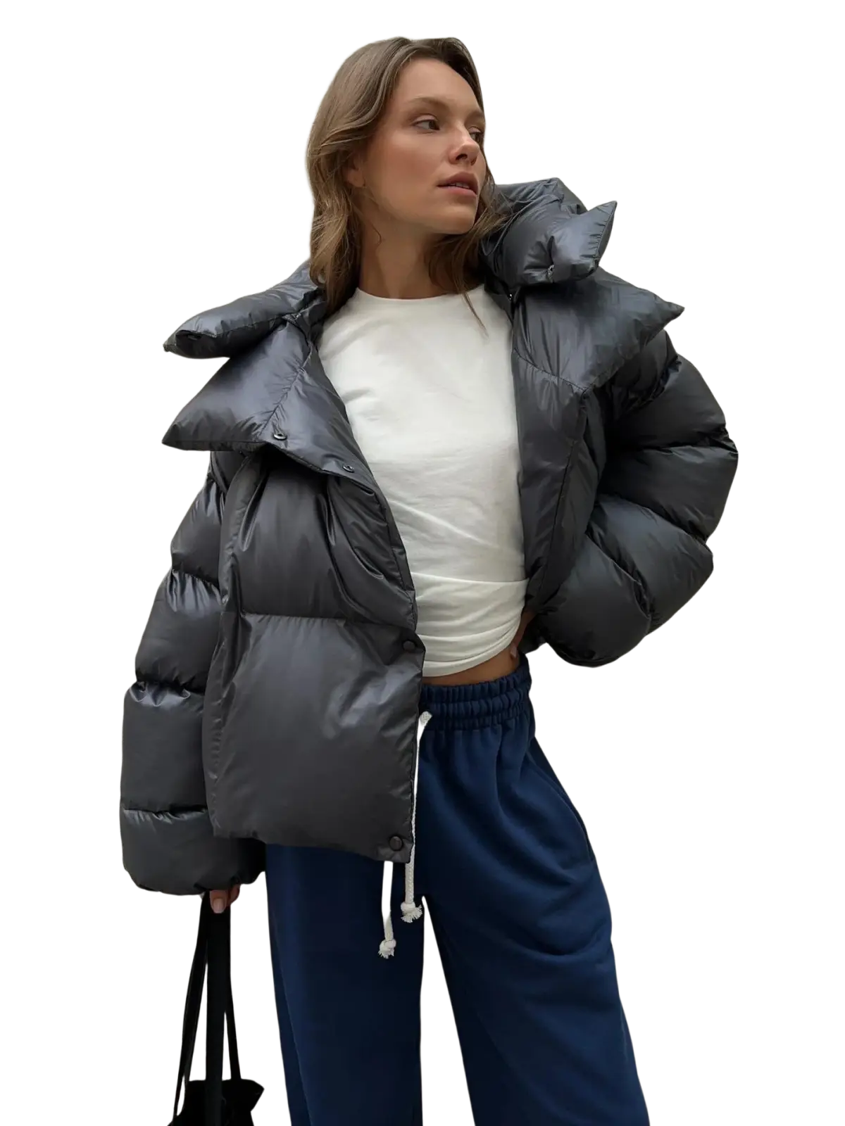 Women short hooded padded winter parka jacket in sleek dark gray with glossy finish and oversized quilted design