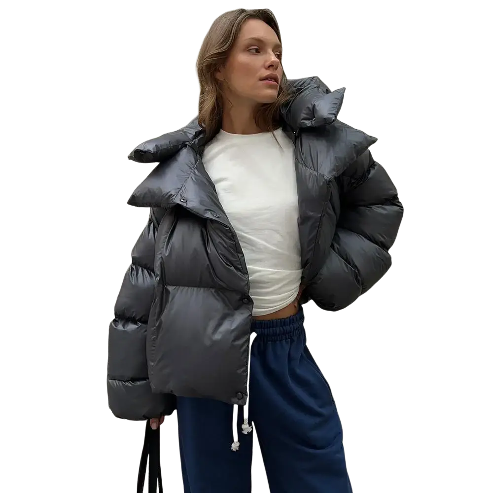 Women short hooded padded winter parka jacket in sleek dark gray with quilted design and voluminous hood
