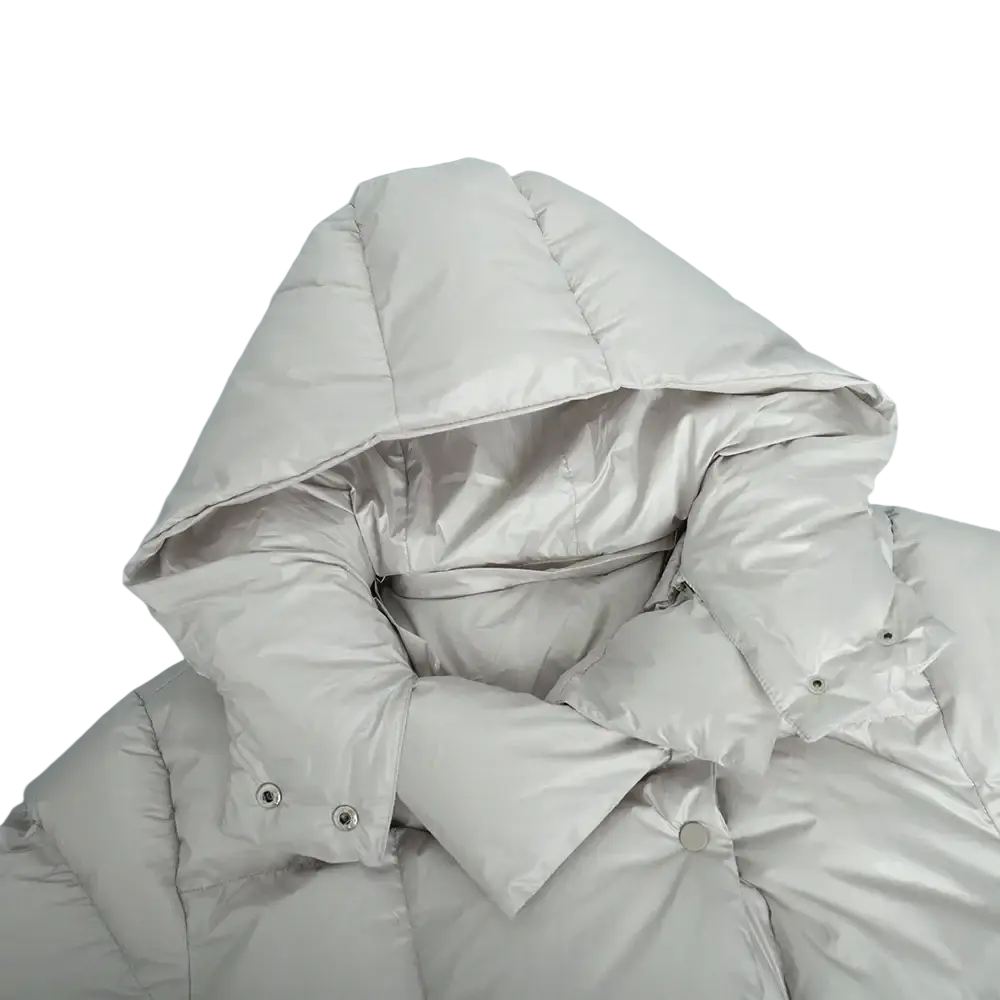 Women short hooded padded winter parka jacket in sleek light gray with quilted hood and silver-toned snap buttons