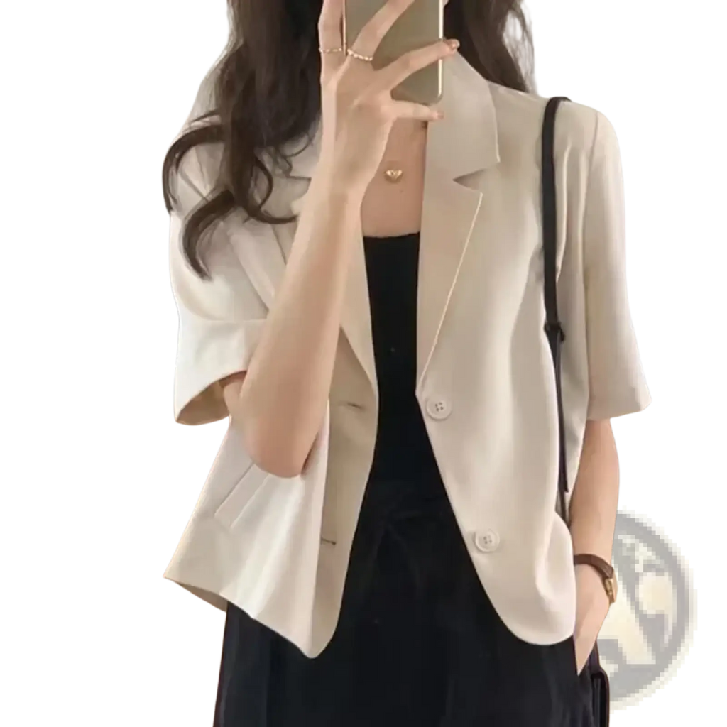 Beige women short sleeve blazer with sleek tailored fit and subtle button closure in Korean style solid color top