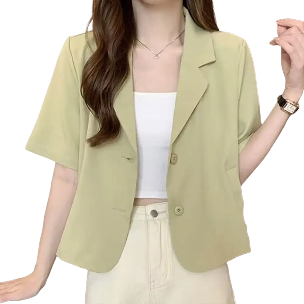 A light green women short sleeve blazer with classic collar and two front buttons in Korean style solid color design