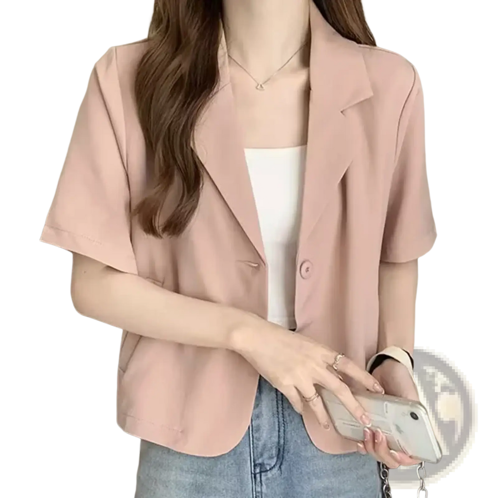 A soft pink short sleeve blazer with classic collar and single button closure in Korean style solid color design