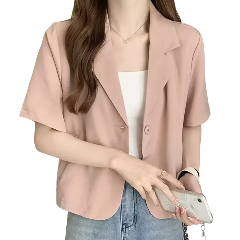 A soft pink short sleeve blazer with classic collar and single button closure in Korean style solid color design