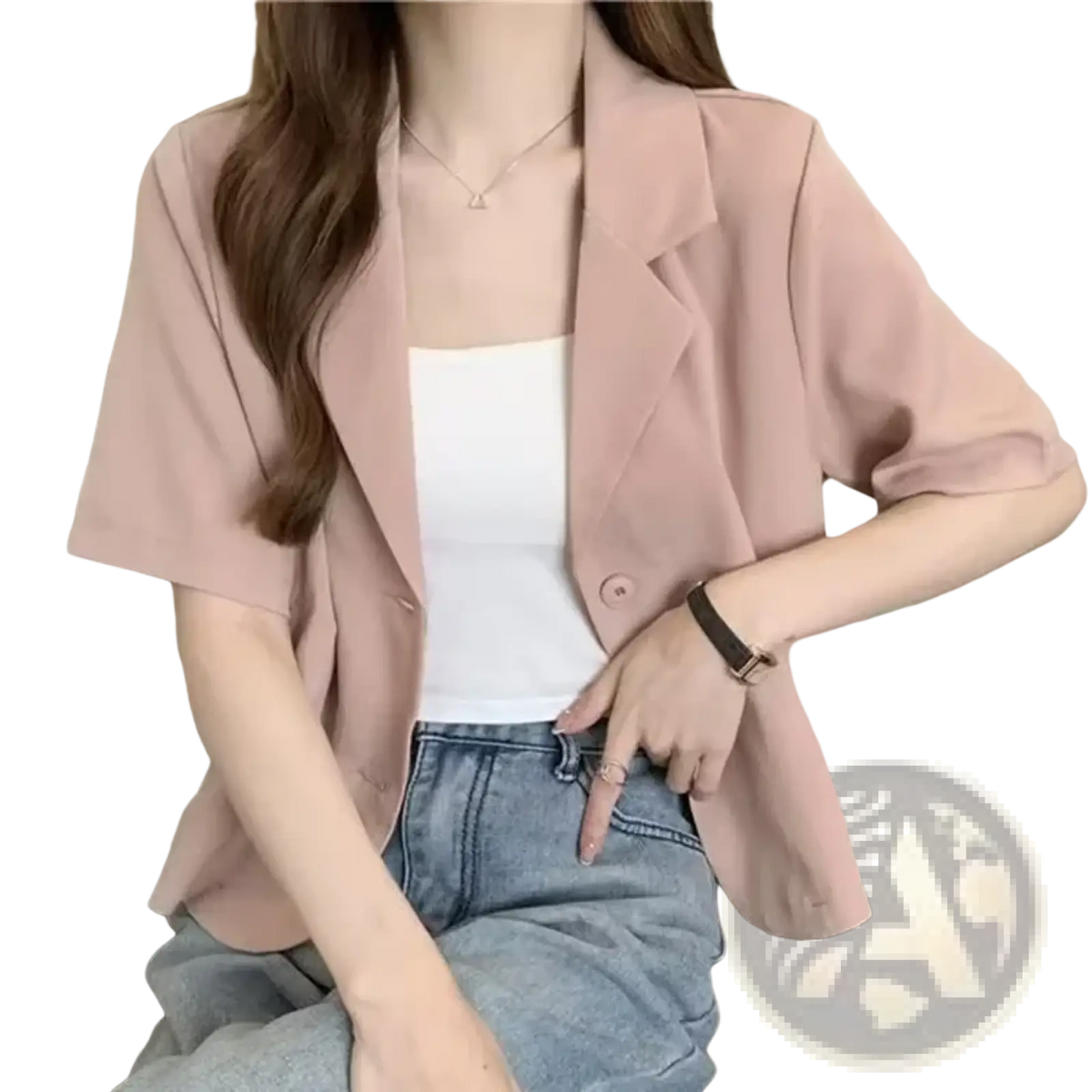 A soft pink short sleeve blazer with a relaxed fit and single button closure in Korean style solid color design