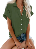 Women short sleeve button up blouse in olive green with white buttons and a chest pocket, suitable for casual wear