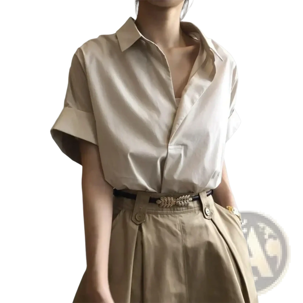 Beige women short sleeve button up blouse with relaxed fit and rolled cuffs suitable for casual wear