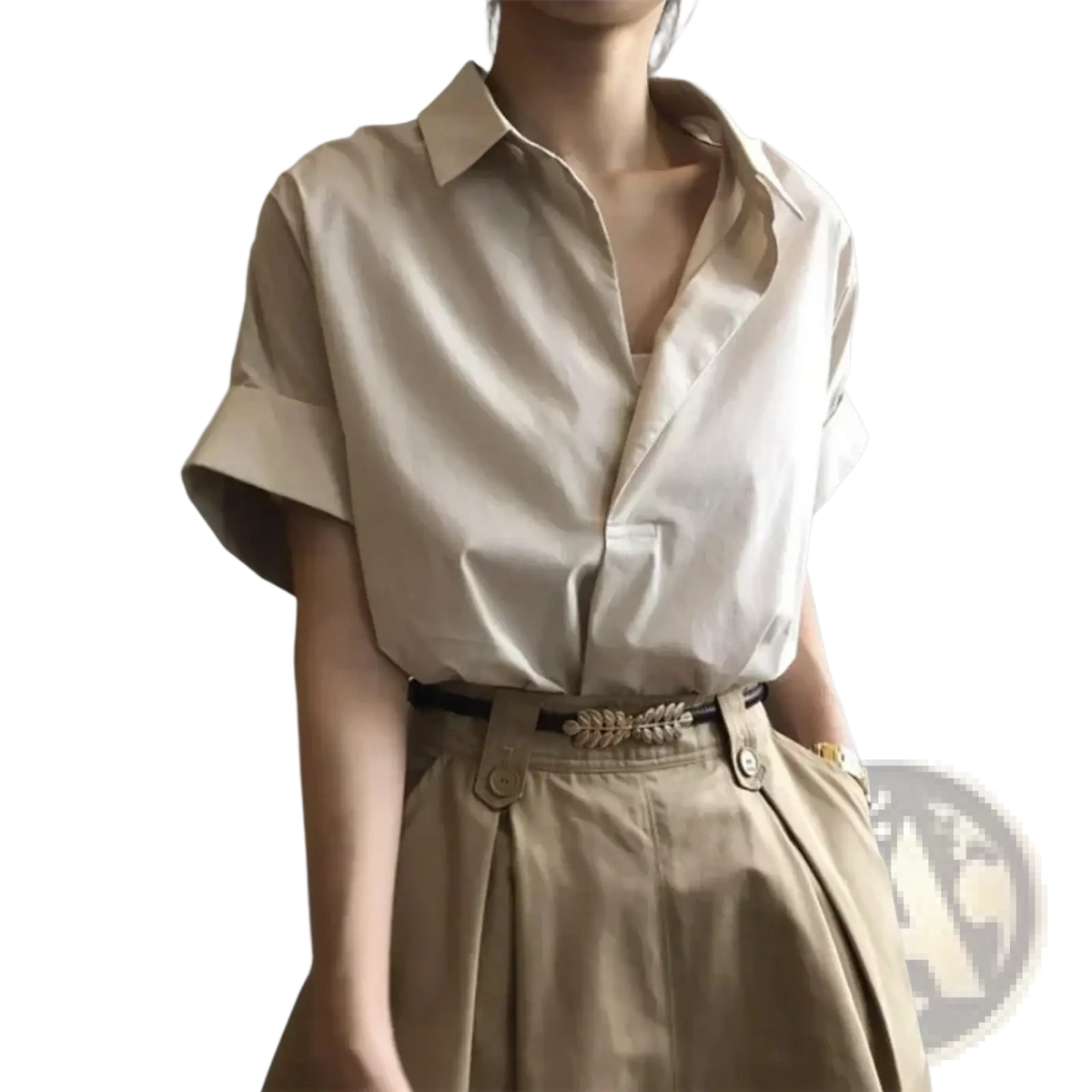 Beige women short sleeve button up blouse with relaxed fit and rolled cuffs suitable for casual wear