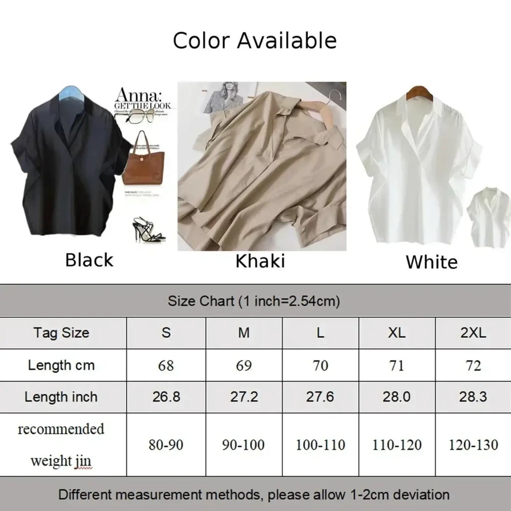 Women short sleeve button up blouse in black khaki and white oversized relaxed fit available in various sizes