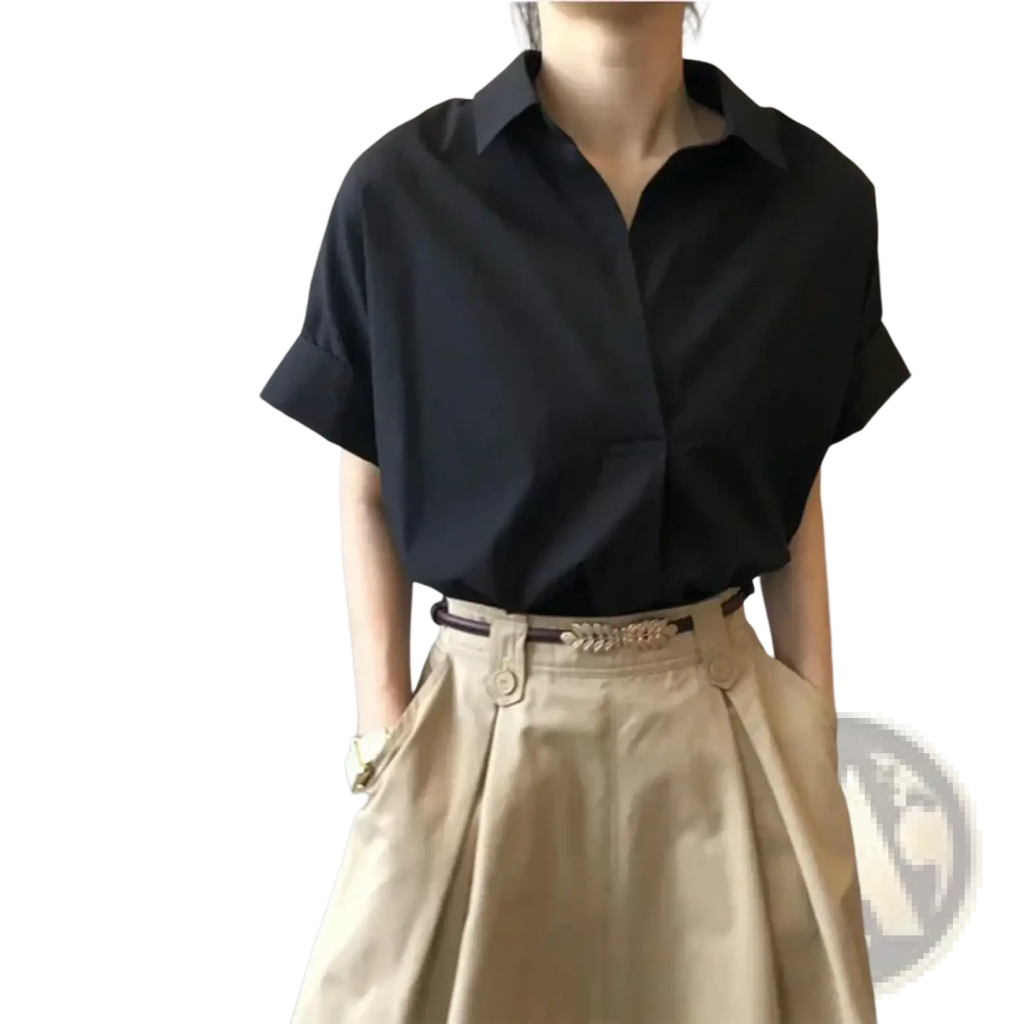 Women short sleeve button up blouse in black with rolled cuffs made from lightweight fabric for casual wear