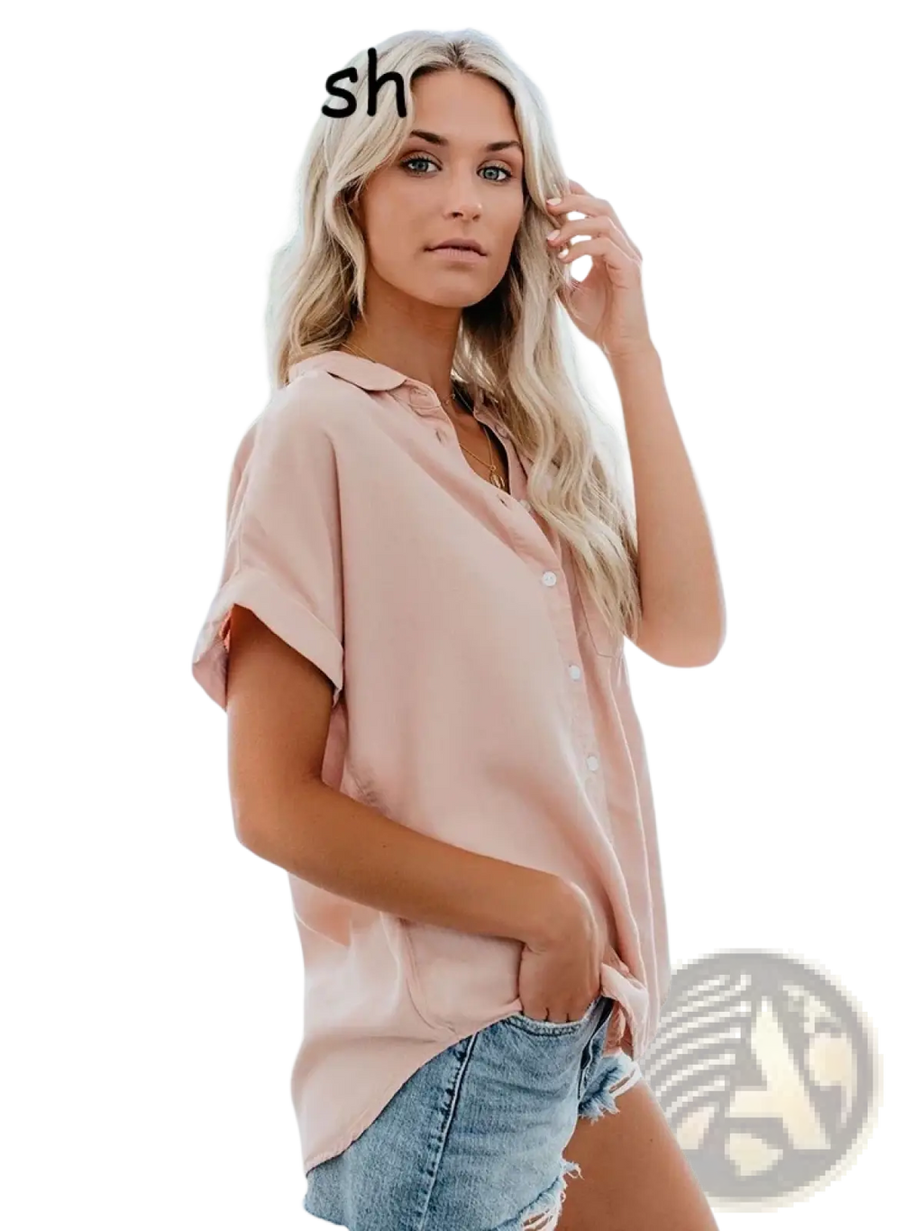 Women short sleeve button up blouse in soft blush pink with relaxed fit and rolled cuffs for casual wear