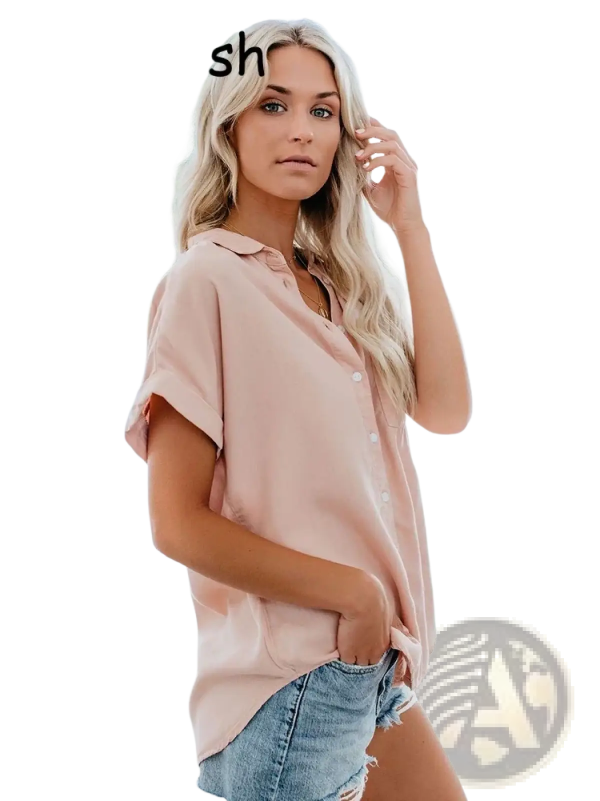 Women short sleeve button up blouse in soft blush pink with relaxed fit and rolled cuffs for casual wear