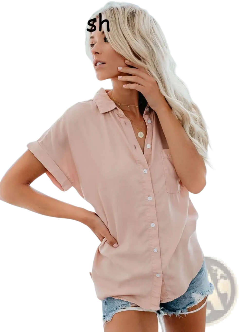 A soft blush pink women short sleeve button up blouse with classic collar and front buttons made of lightweight fabric