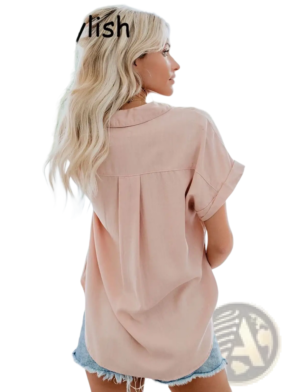Women short sleeve button up blouse in soft blush pink with loose fit collar and pleated back shown from the back