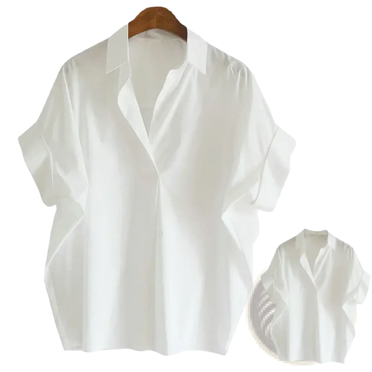 Women short sleeve button up blouse in white with loose fit, classic collar, and front buttons