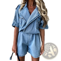 Light blue denim jumpsuit for women with short sleeves and a collar made of lightweight denim fabric
