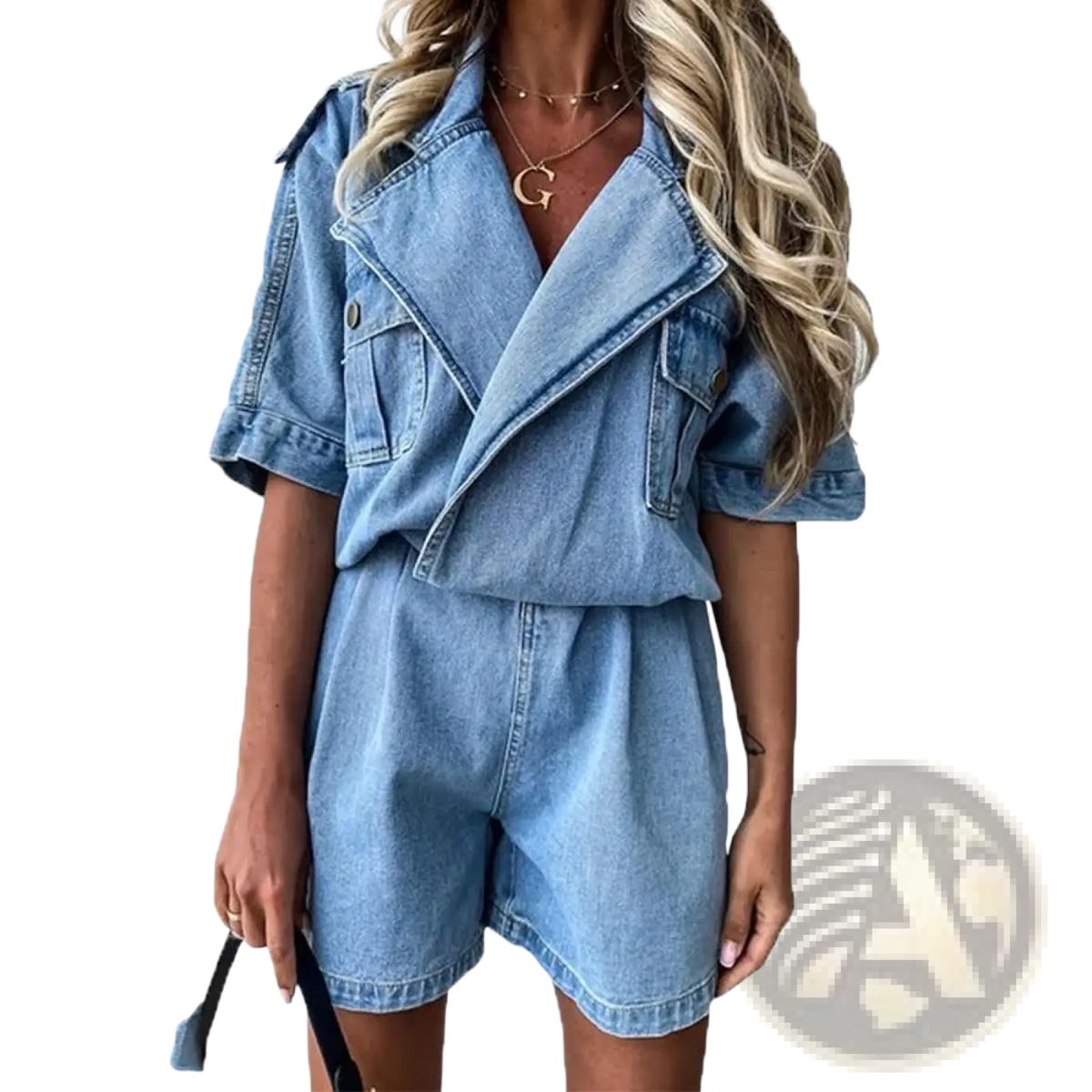Light blue denim jumpsuit for women with short sleeves and a collar made of lightweight denim fabric