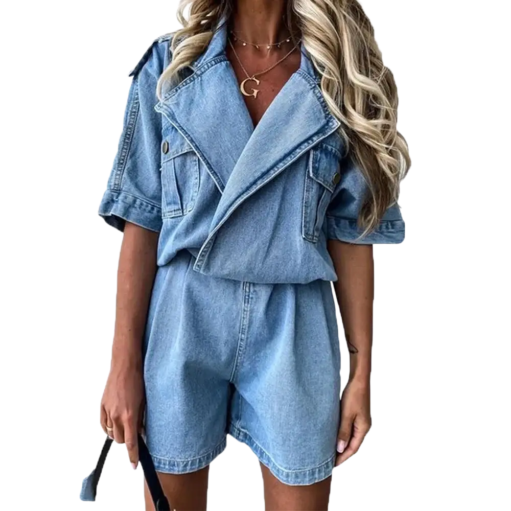 Light blue denim jumpsuit for women with short sleeves and a collar made of lightweight denim fabric