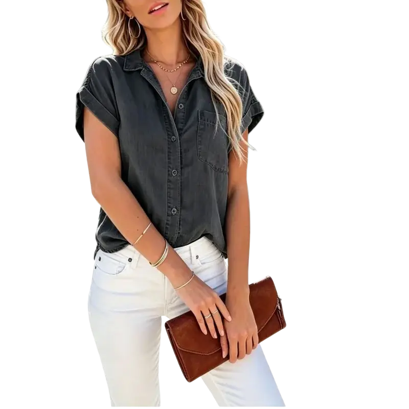 Brown leather clutch purse paired with women short sleeve denim shirt casual top for everyday use