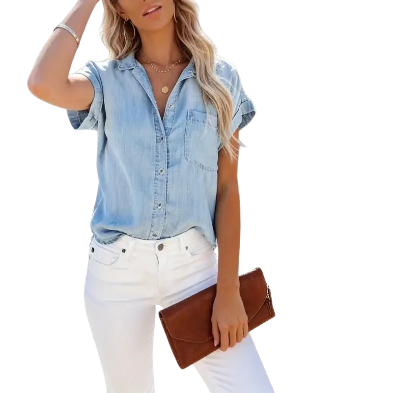 Brown leather clutch purse shown with women short sleeve denim shirt casual top for stylish everyday use