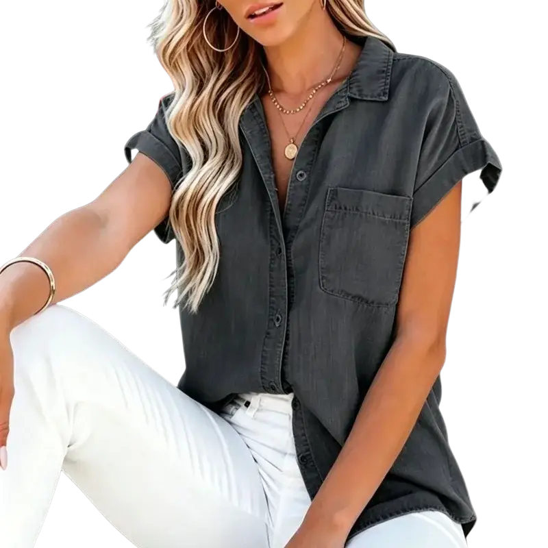 Dark gray short sleeve denim shirt with rolled cuffs and chest pocket casual top for women
