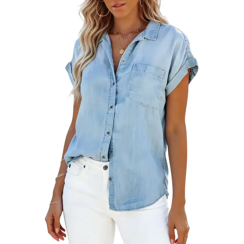 Light blue denim short sleeve button-up shirt with rolled cuffs and chest pocket for casual women wear