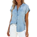 Light blue denim short sleeve button-up shirt with rolled cuffs and chest pocket for casual women wear