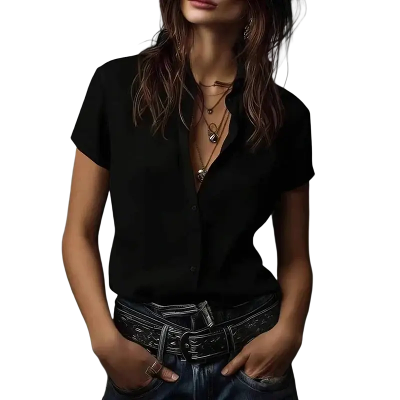 Women short sleeve satin button blouse in black with relaxed fit and subtle sheen perfect for elegant casual wear