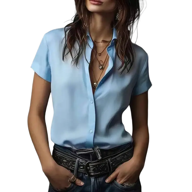 Women short sleeve satin button blouse in light blue with smooth satin-like finish and short sleeves