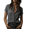 Women short sleeve satin button blouse in sleek gray silk with subtle sheen and a classic collar design
