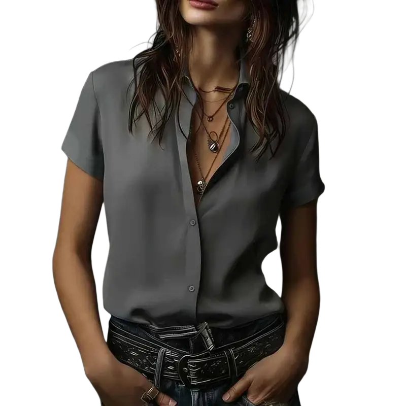 Women short sleeve satin button blouse in sleek gray silk with subtle sheen and a classic collar design