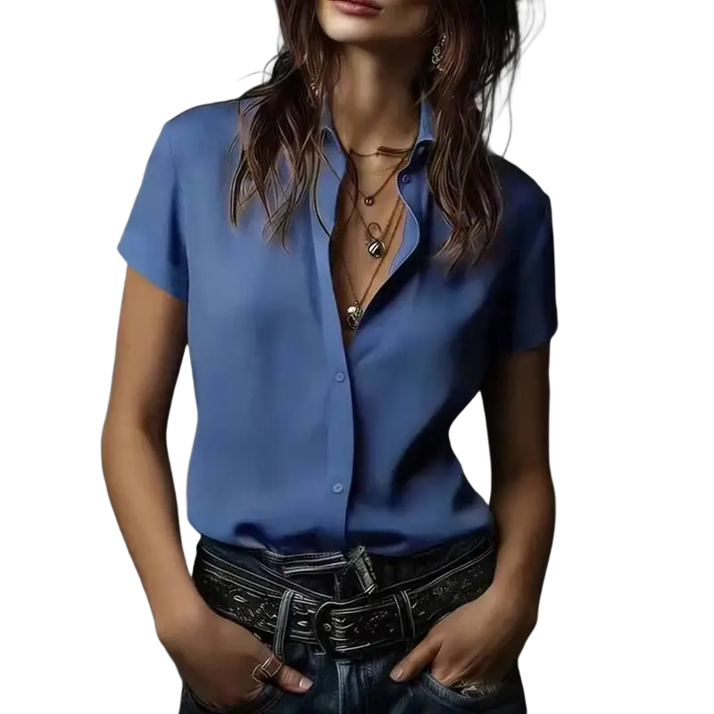 Women short sleeve satin button blouse in soft blue with a classic collar and subtle sheen for elegant wear