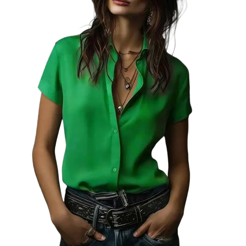 Vibrant green women short sleeve satin button blouse with a sleek satin-like finish and button-up design