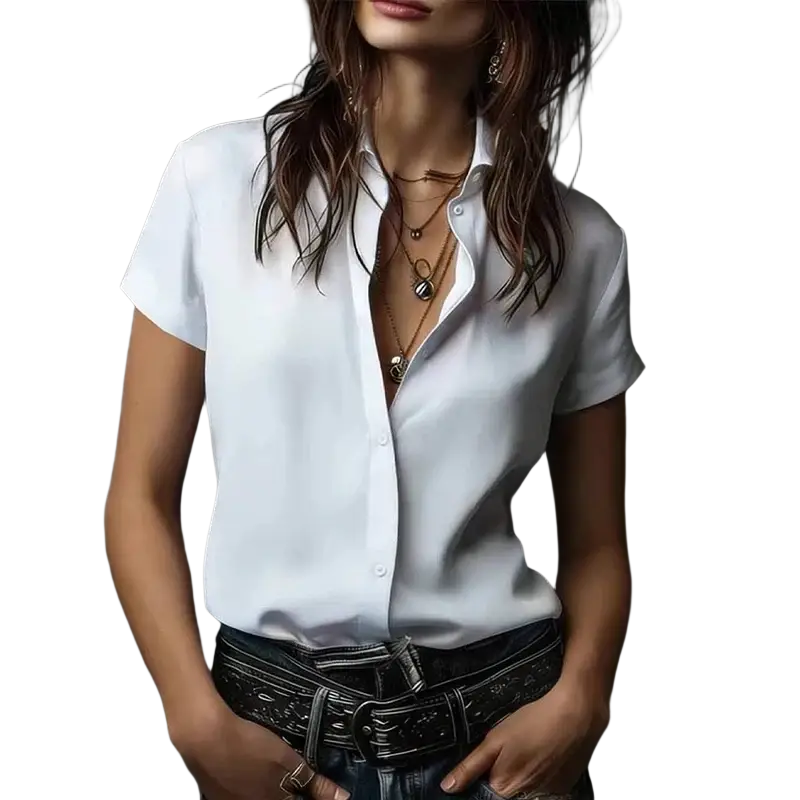Women short sleeve satin button blouse in white featuring smooth slightly shiny fabric and classic button-up design