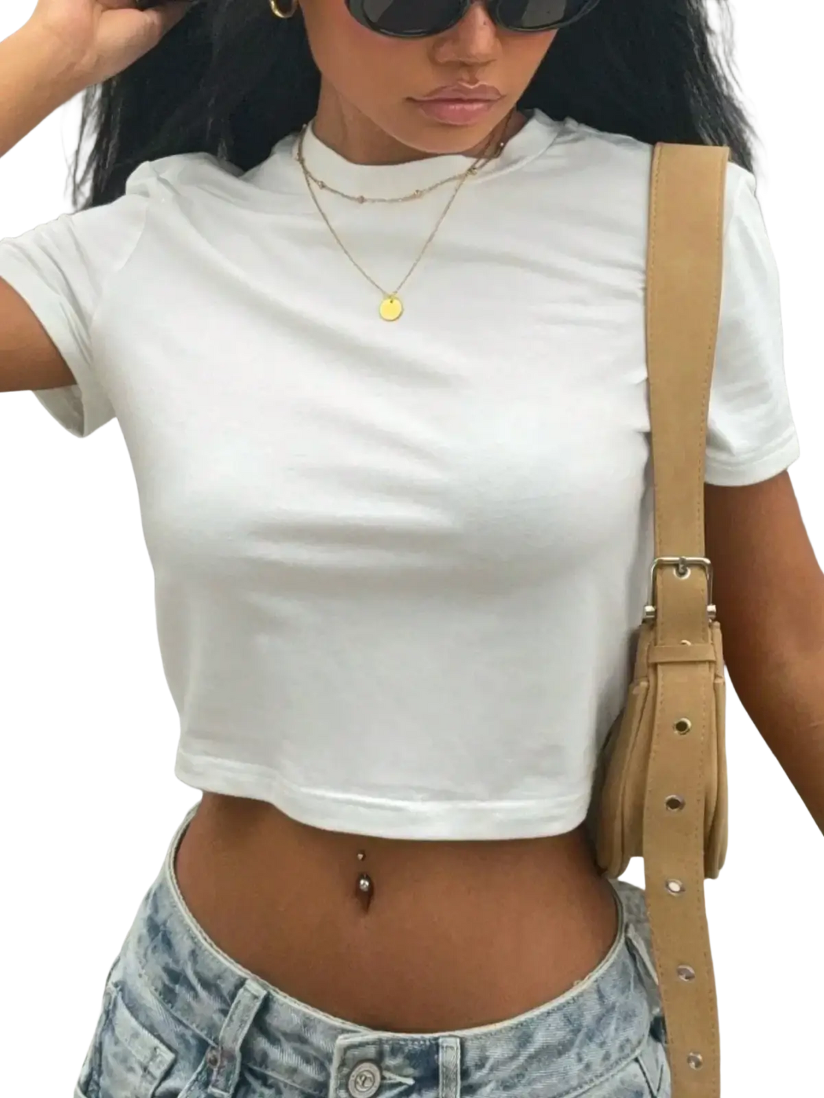 White women short sleeve solid slim fit crop top with crew neckline and cropped hem in cotton fabric