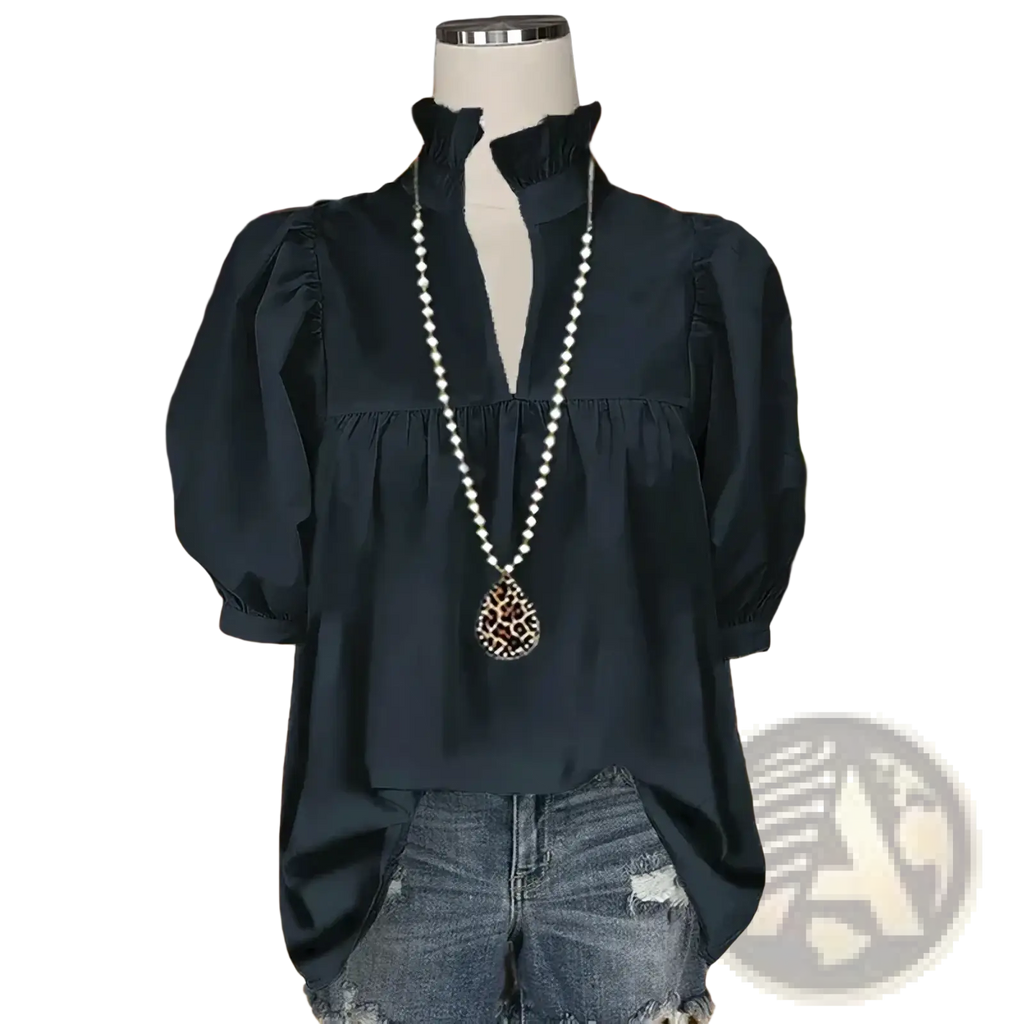 Women short sleeve summer blouse in black with puffed sleeves and ruffled neckline for office wear