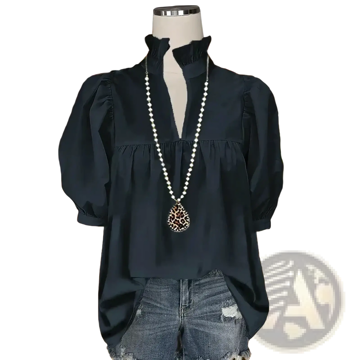 Women short sleeve summer blouse in black with puffed sleeves and ruffled neckline for office wear