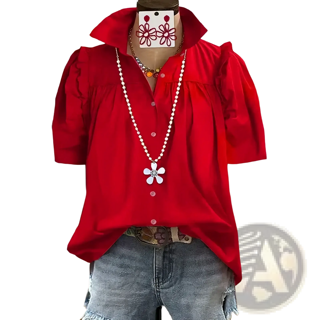 Vibrant red women short sleeve summer blouse with puffed sleeves and gathered neckline office top