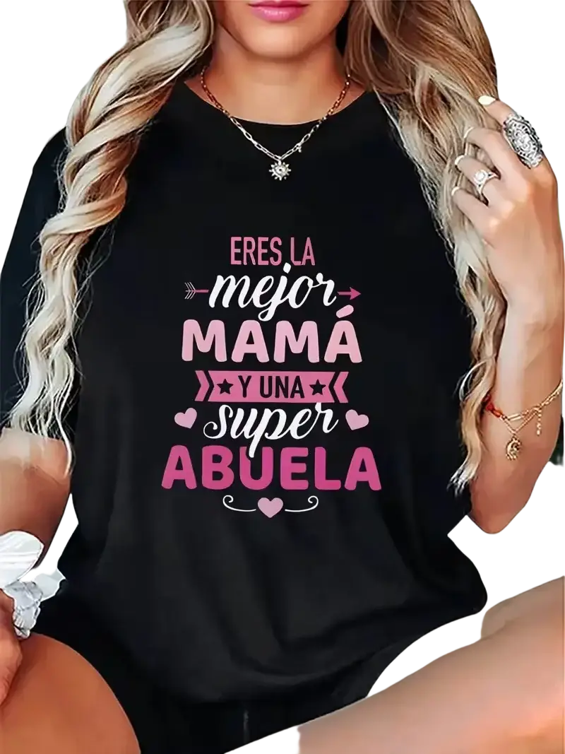 Black short sleeve t shirt with round neck and pink white text eres la mejor mamá y una super abuela with hearts stars