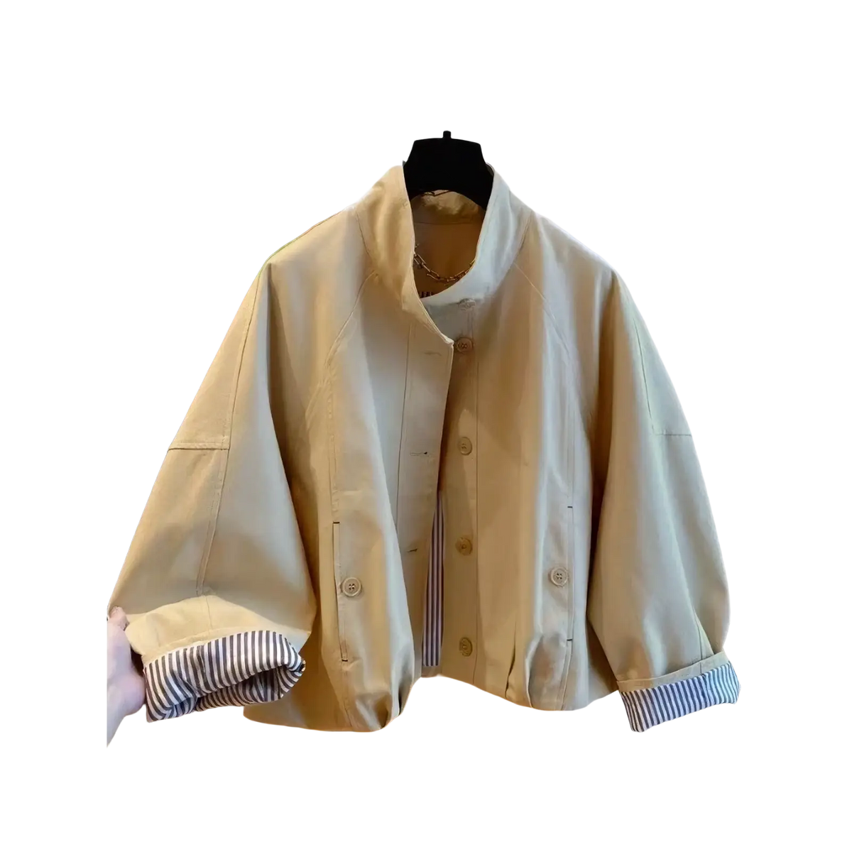 Beige oversized women short striped lining trench coat with button-front design and striped cuffs