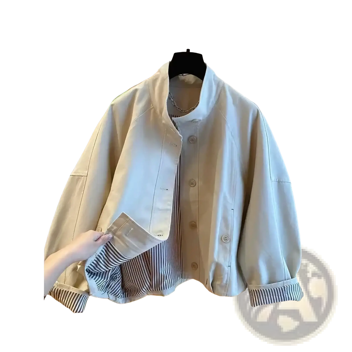 Beige women short utility-style trench coat with button-front closure and striped lining visible at cuffs and hem