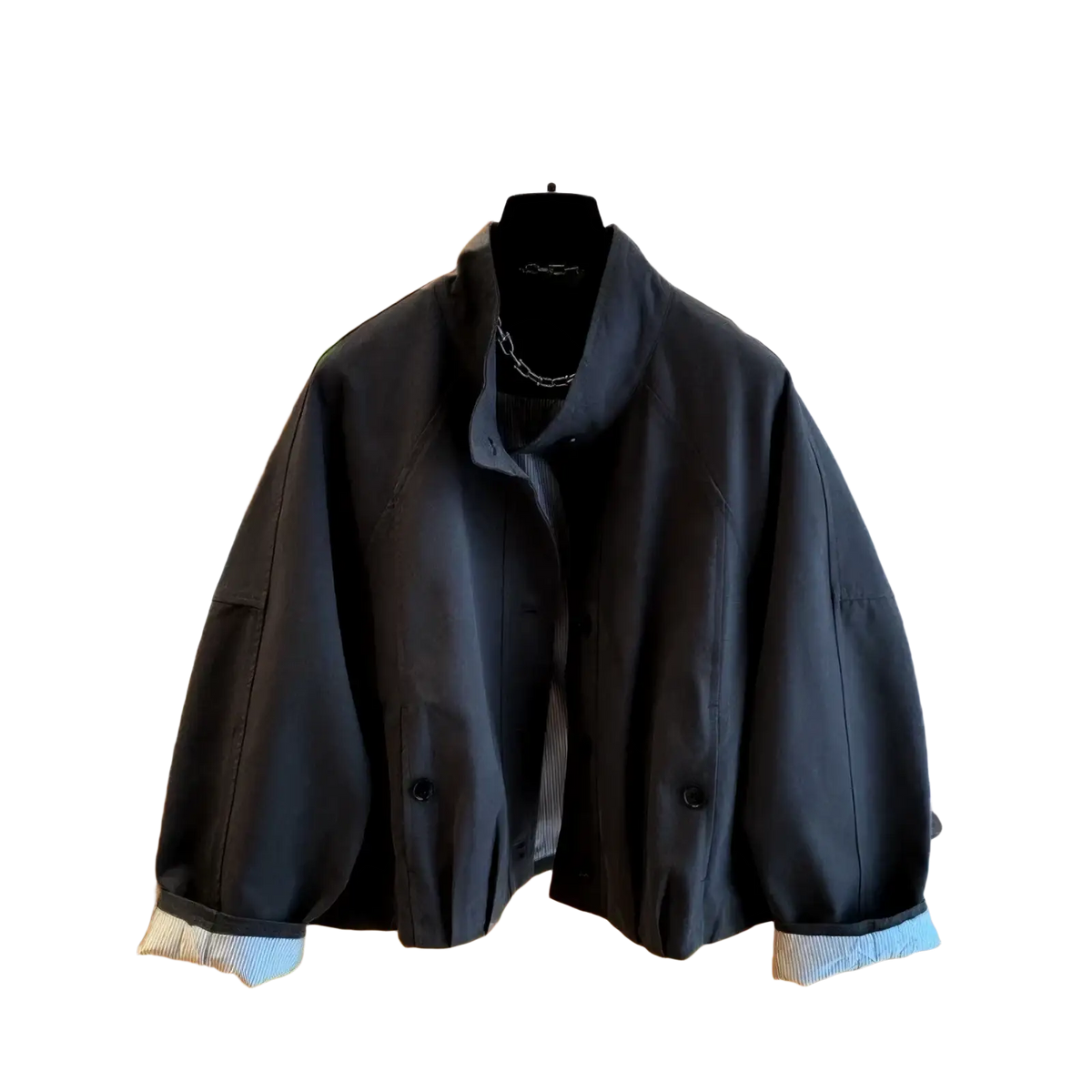 Women short striped lining trench coat black oversized jacket with high collar button closures and light blue striped cuffs