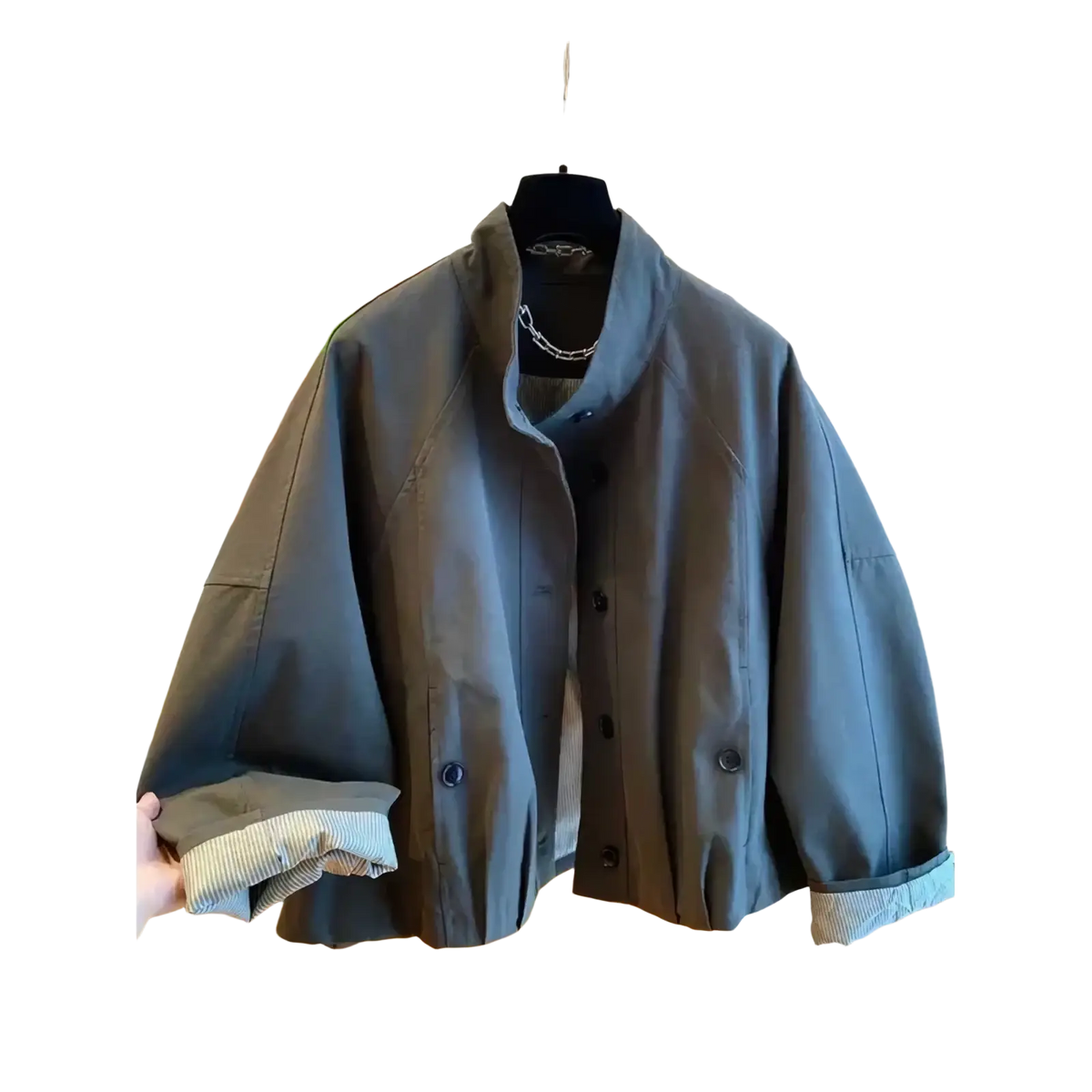 Women short striped lining trench coat in dark gray with light blue and white striped cuffs and black buttons