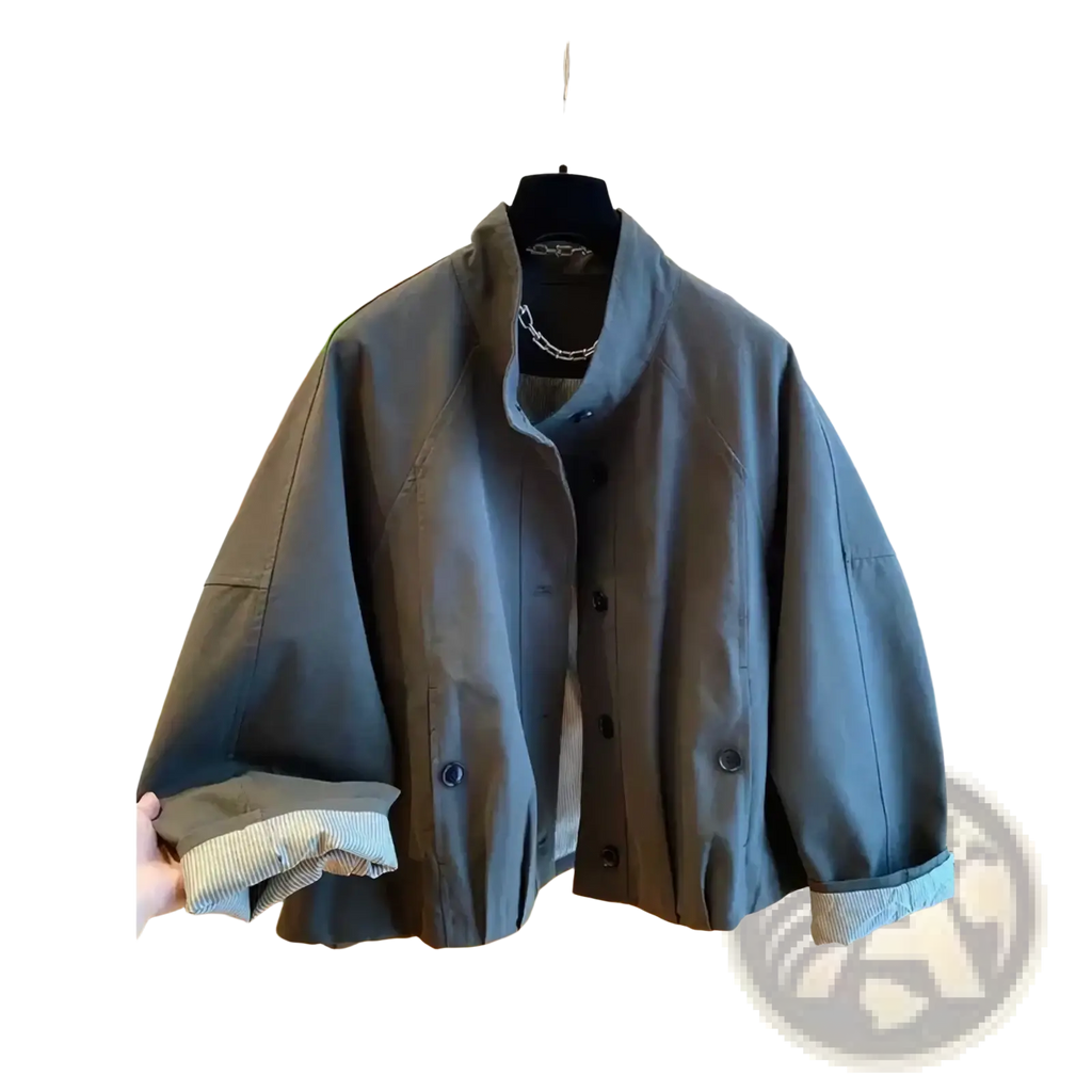 Women short striped lining trench coat in dark gray with light blue and white striped cuffs and black buttons