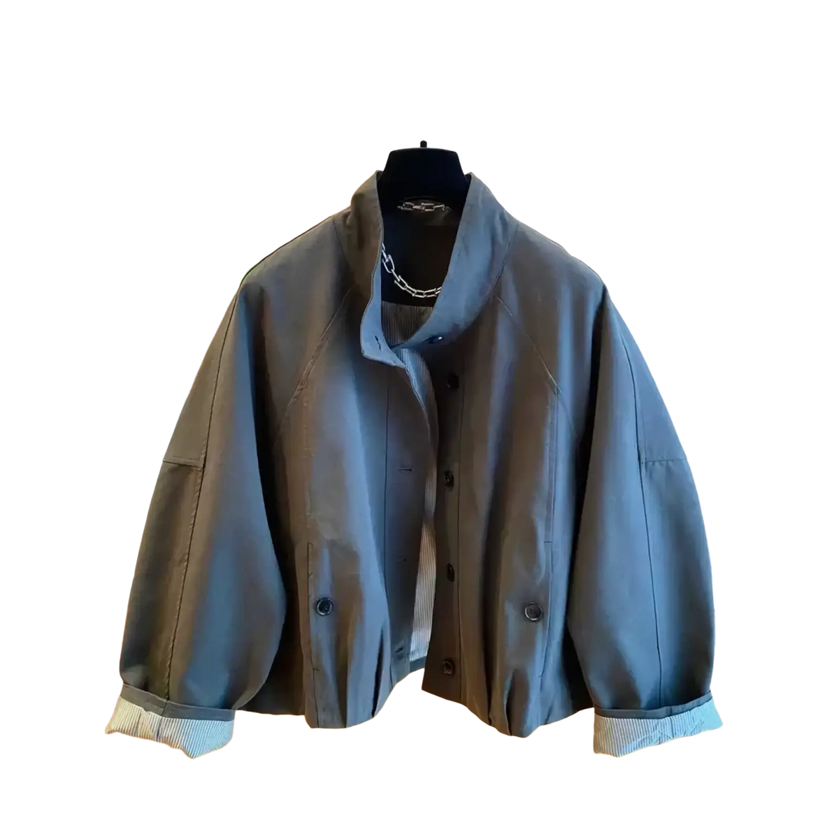 Women short striped lining trench coat in gray soft fabric with high collar button closures and ribbed cuffs