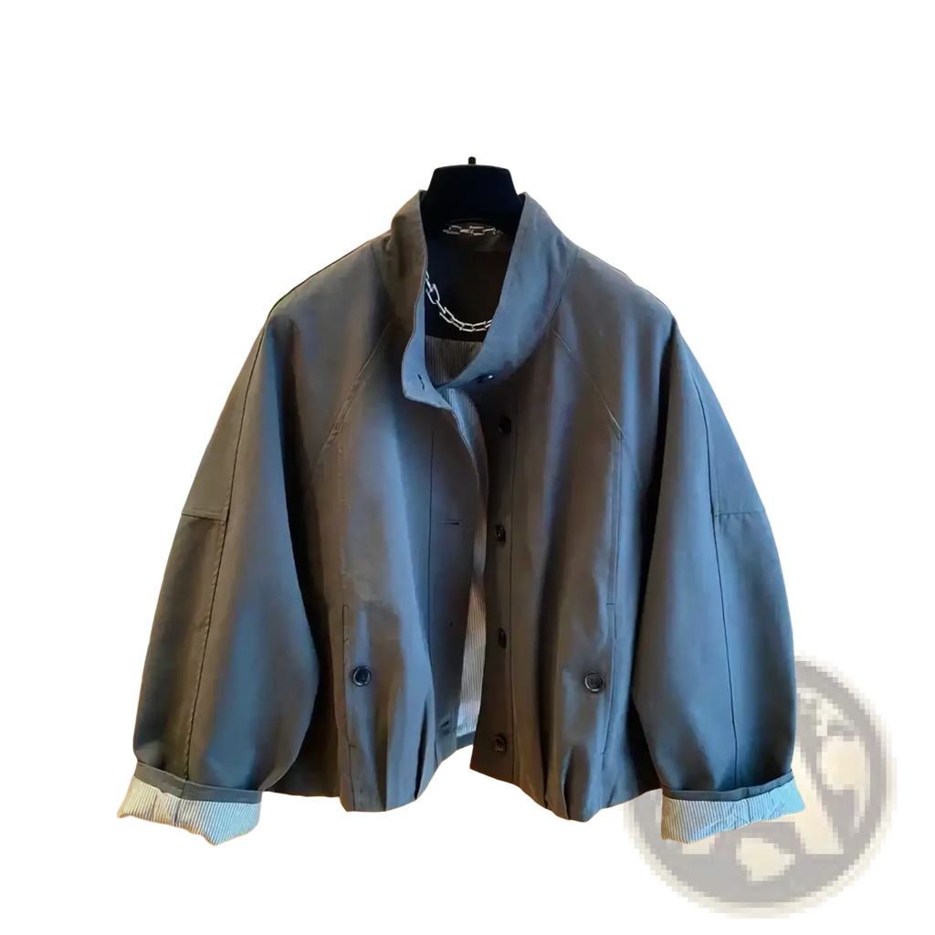 Women short striped lining trench coat in gray soft fabric with high collar button closures and ribbed cuffs