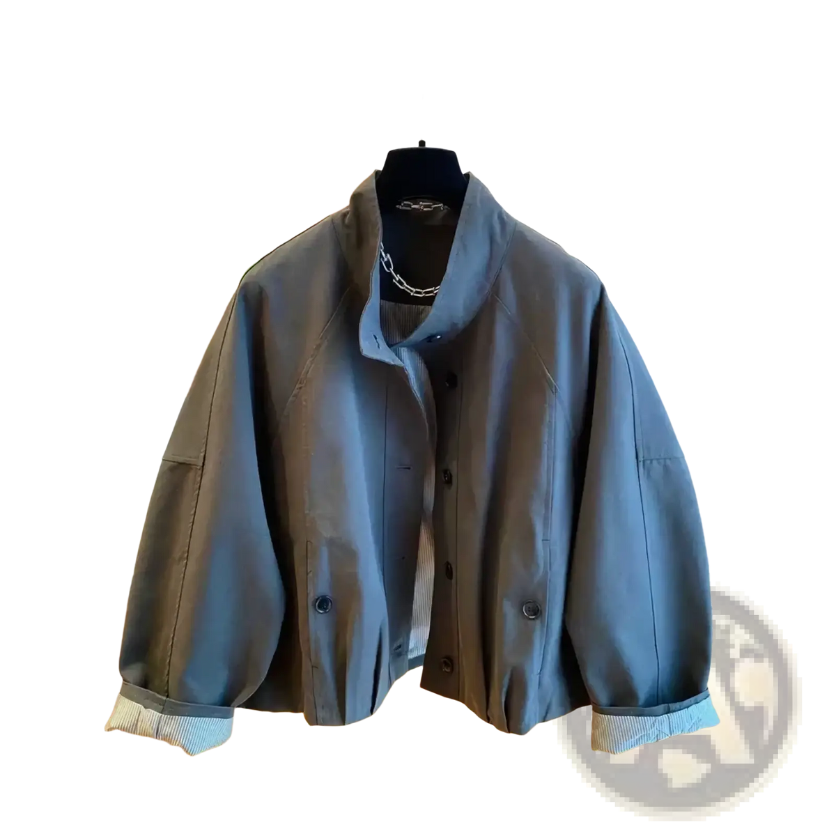 Women short striped lining trench coat in gray soft fabric with high collar button closures and ribbed cuffs
