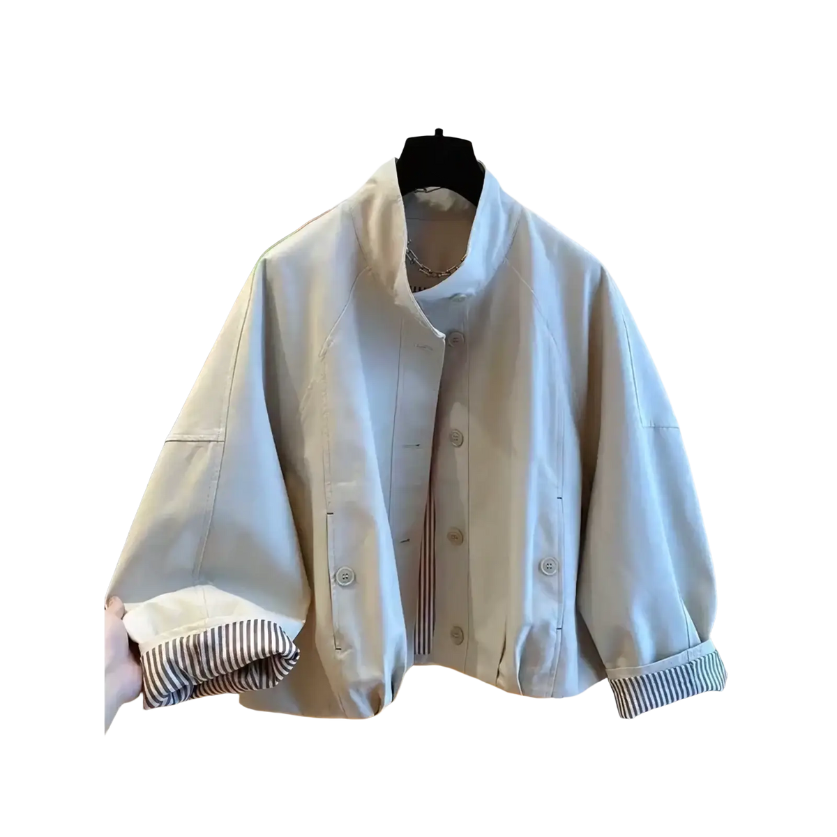 Light blue oversized button-up women short striped lining trench coat with striped cuffs and subtle collar