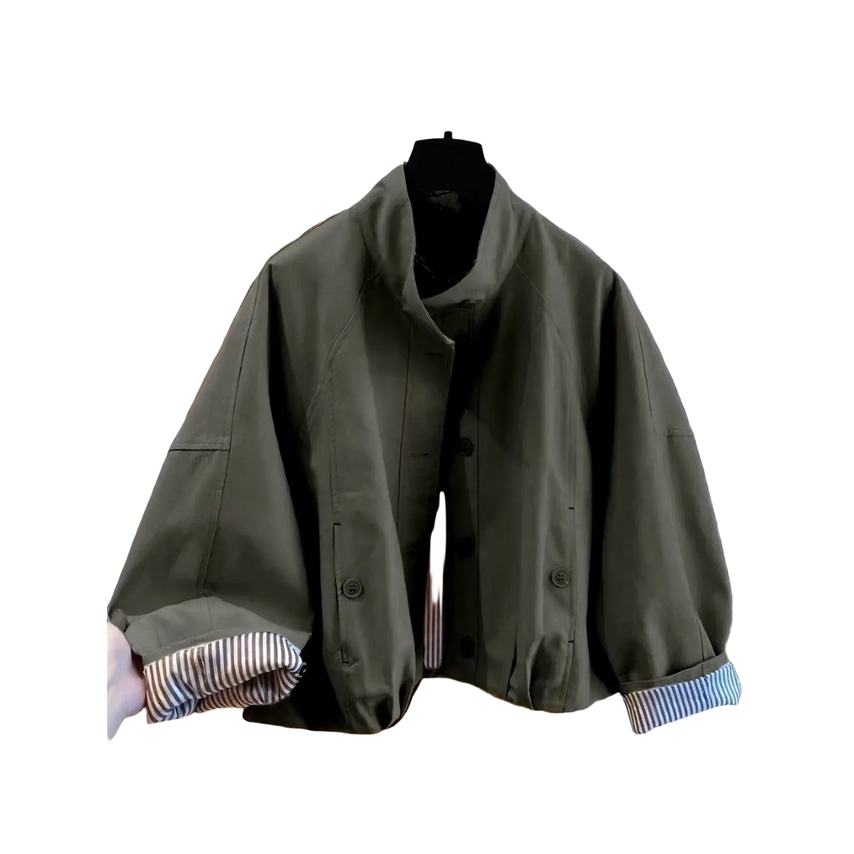 Women short olive green utility jacket with striped cuffs and black buttons in a striped lining trench coat style